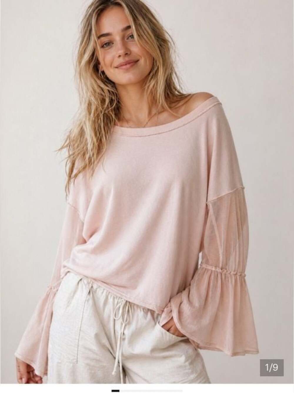 Free People Acadia Long Sleeve Mesh Bell Sleeve Top Blouse Pink Size S